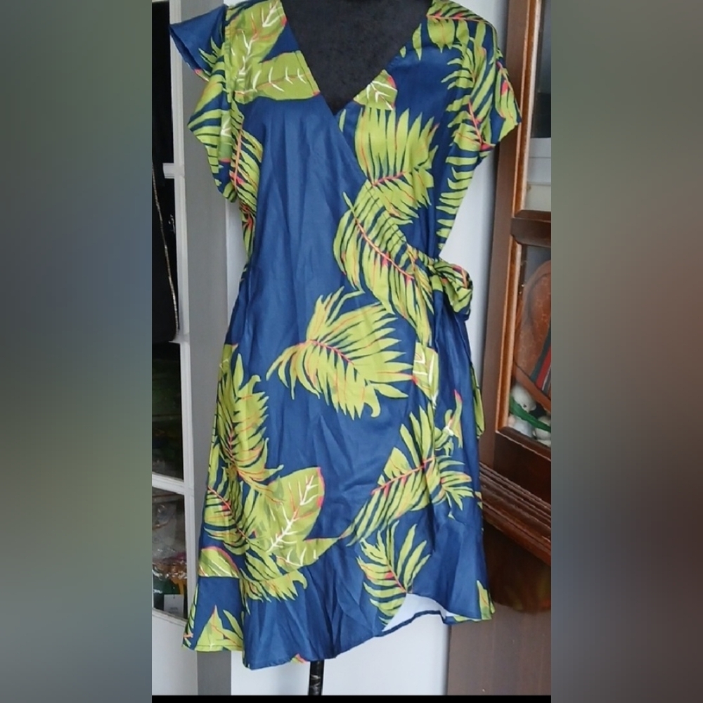 Women's Blue Tropical Wrap Dress